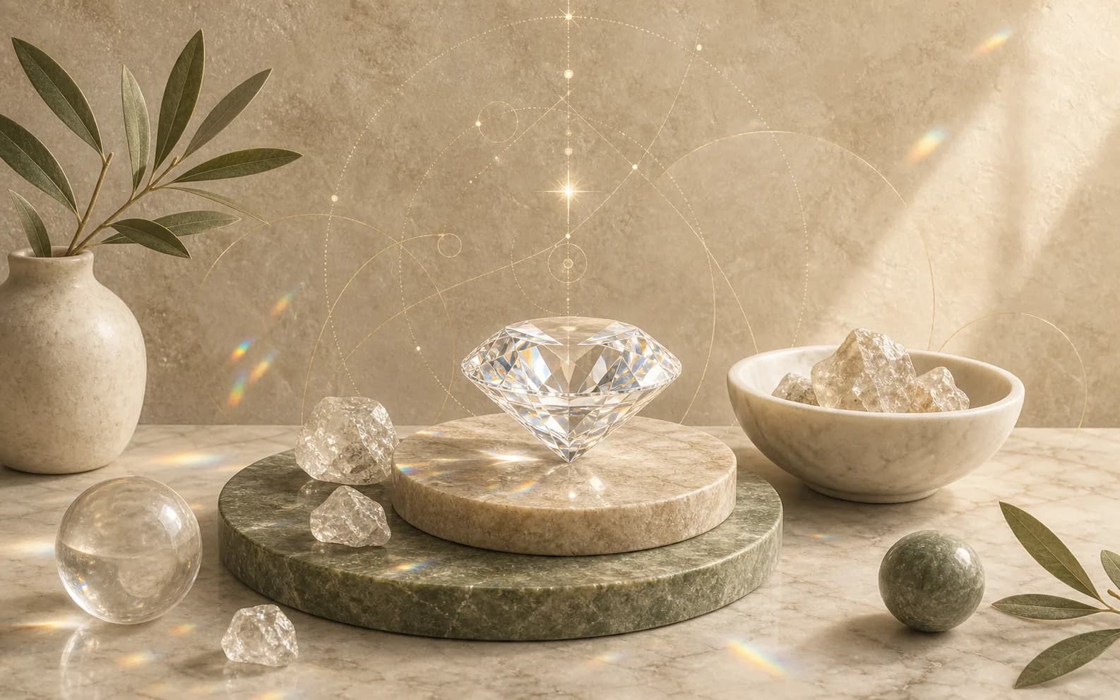 A clear faceted diamond and raw crystals on layered stone discs with prism light and olive leaves.