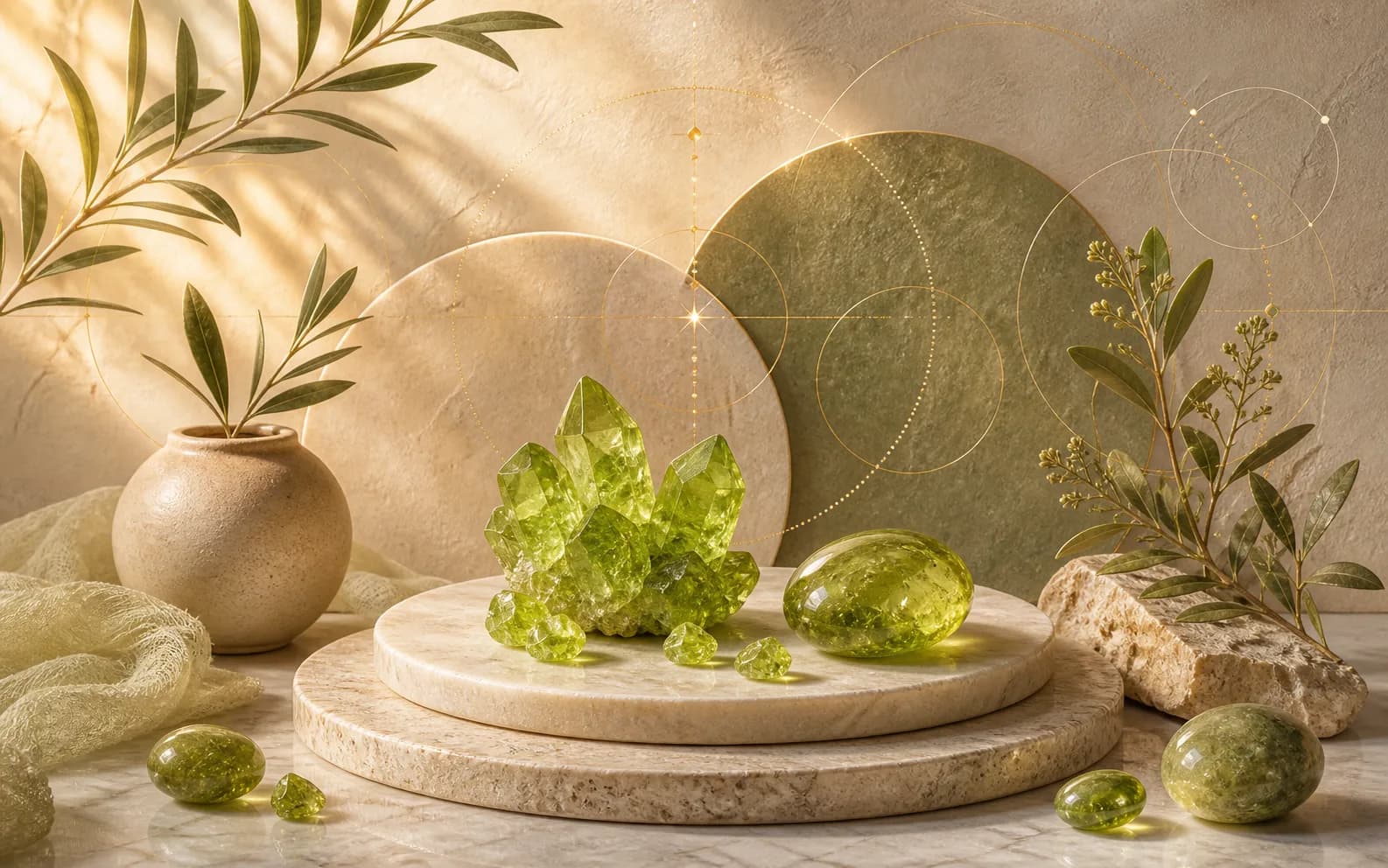 Bright yellow-green peridot crystals and polished stones on layered travertine with olive branches and golden geometry.