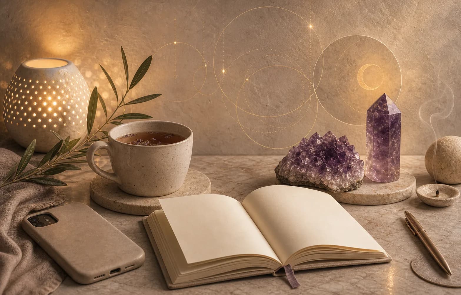 An evening desk with amethyst, tea, a blank notebook, a phone turned face down, and warm lamplight.
