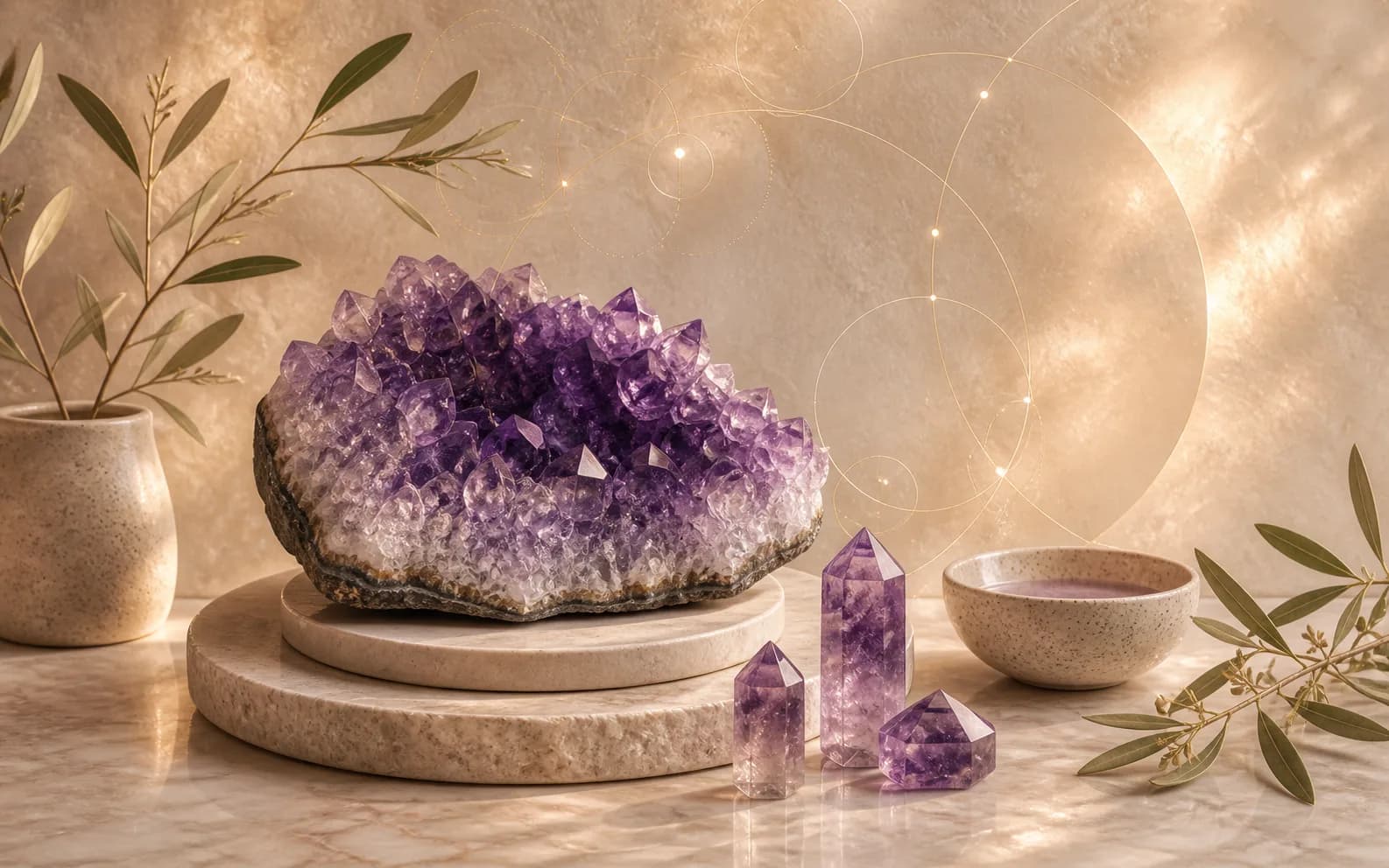 Violet amethyst cluster and crystal points on layered stone discs with soft golden light and olive branches.