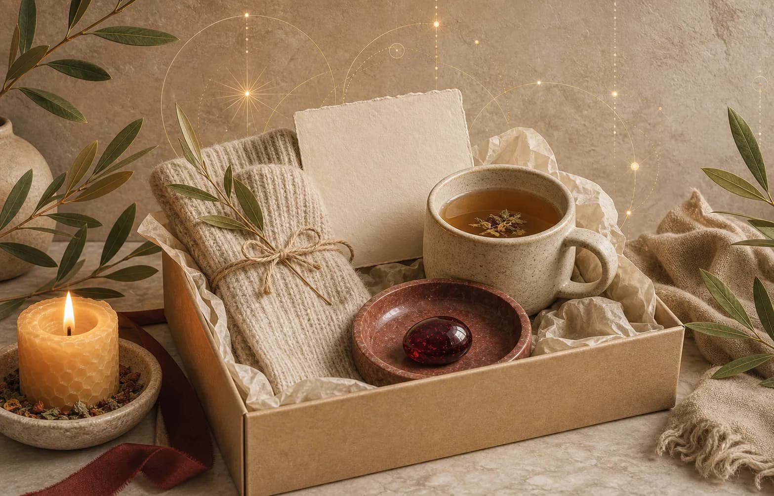 A winter care box with tea, wool socks, candlelight, and a deep red garnet in a stone dish.