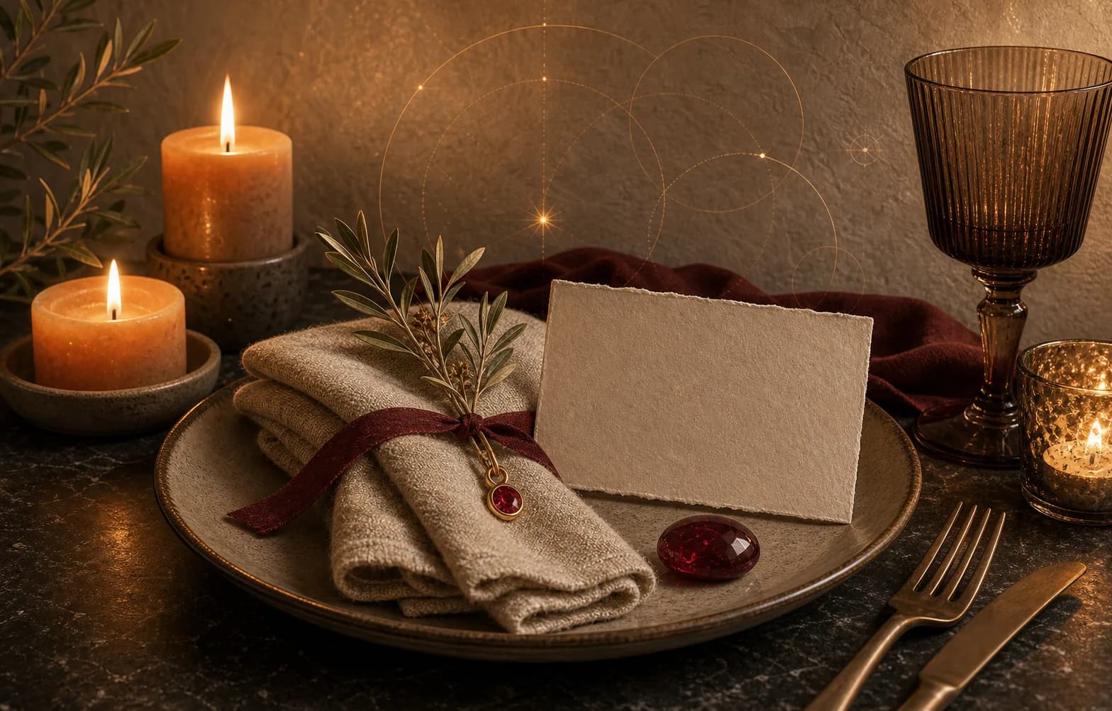 A candlelit ruby dinner gift scene with a red stone charm, folded linen, a ceramic plate, and a blank note card.