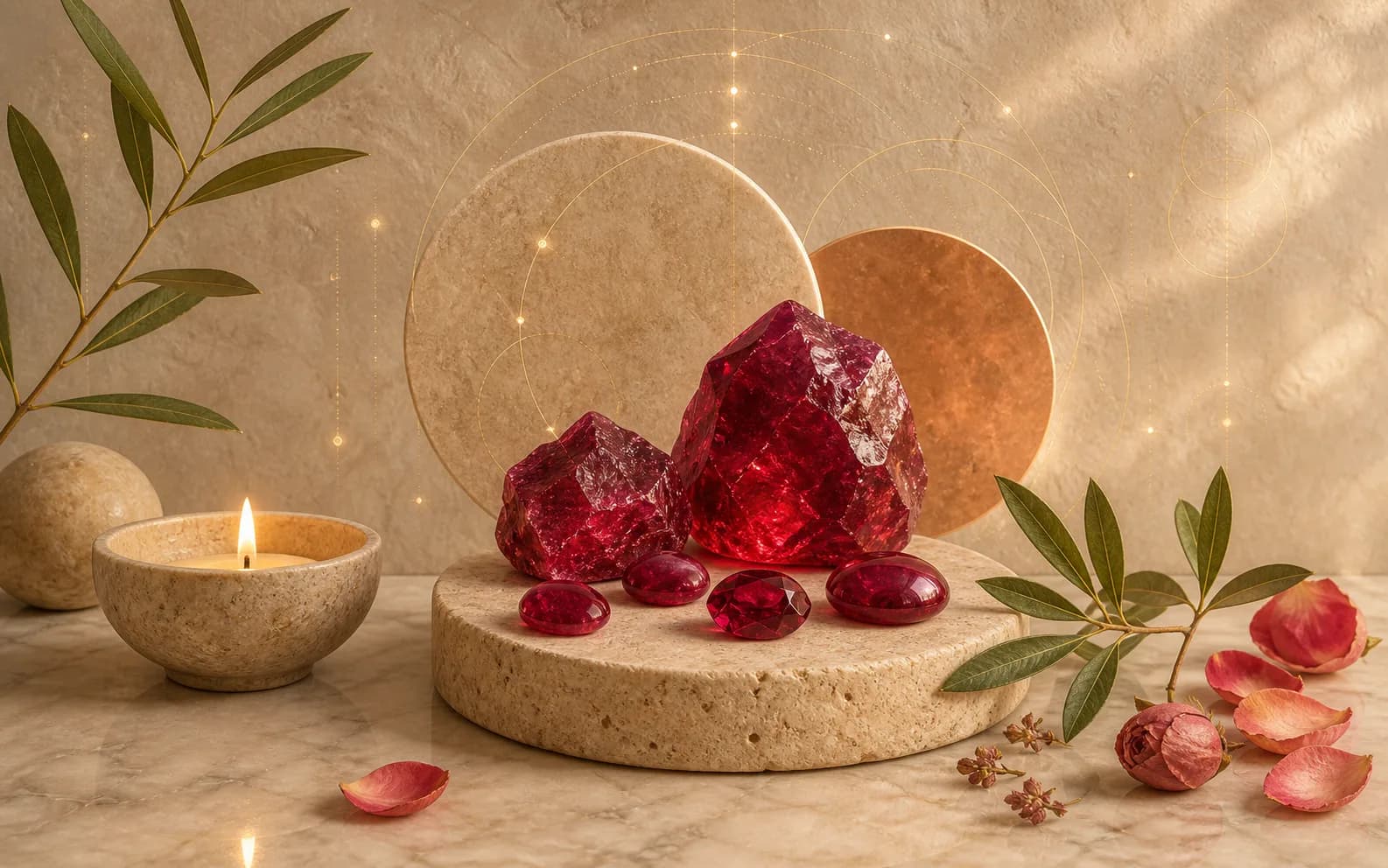 Rich red ruby crystals and polished ruby stones on warm travertine with candlelight, rose petals, and olive leaves.