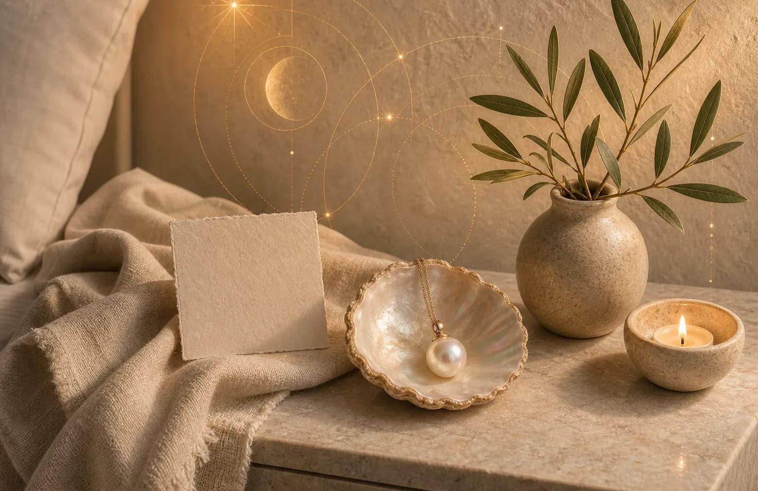 A June bedside gift scene with a shell dish, a pearl pendant, folded linen, and a blank note card.
