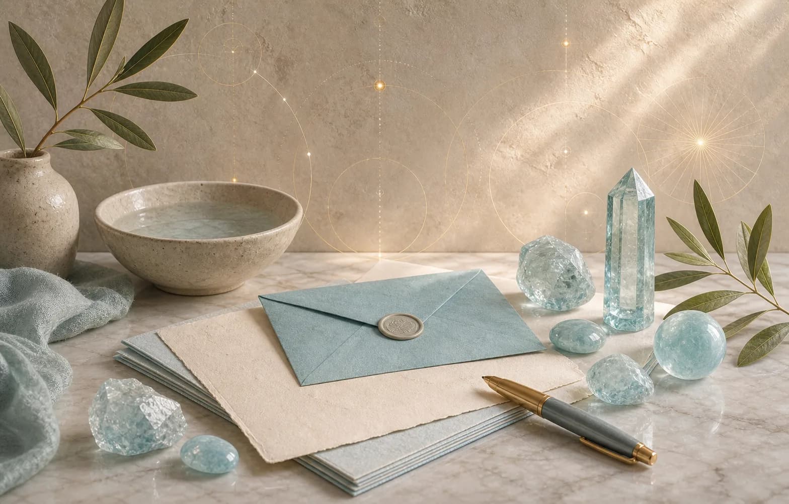 Aquamarine stones beside blue stationery, a blank envelope, a pen, and a shallow bowl of water.