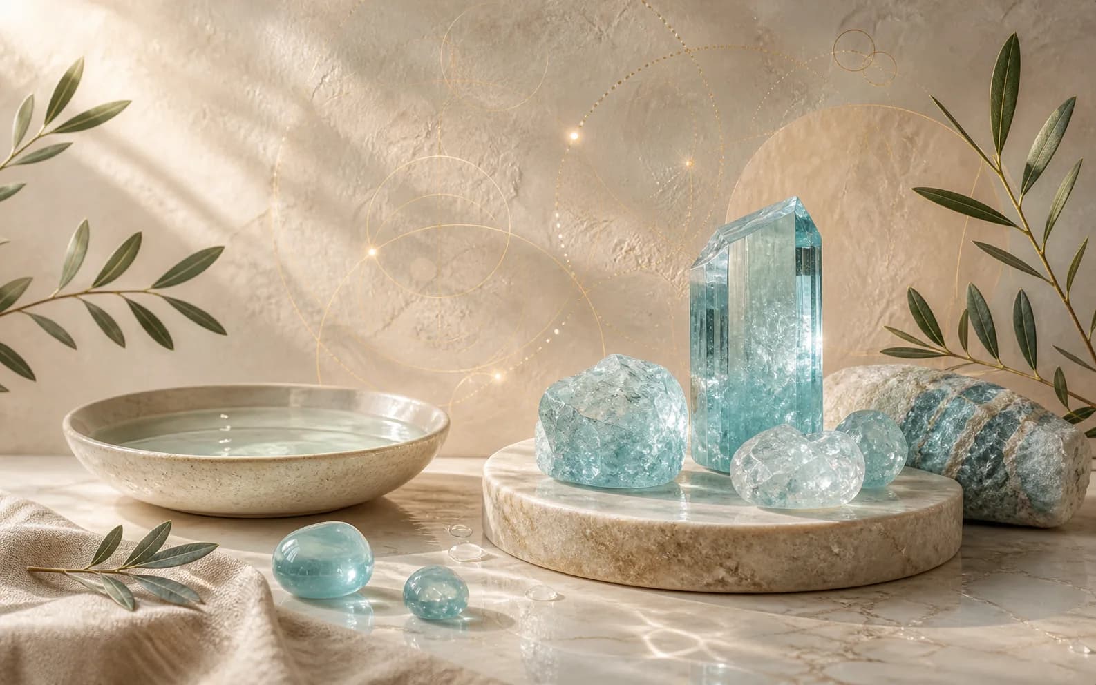 Sea-blue aquamarine crystals and polished stones beside a shallow bowl of water on a pale marble surface.