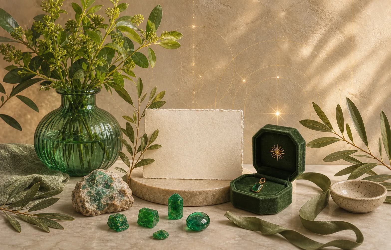 An emerald spring gift table with fresh green stems, an emerald-colored vase, a charm box, and a blank card.