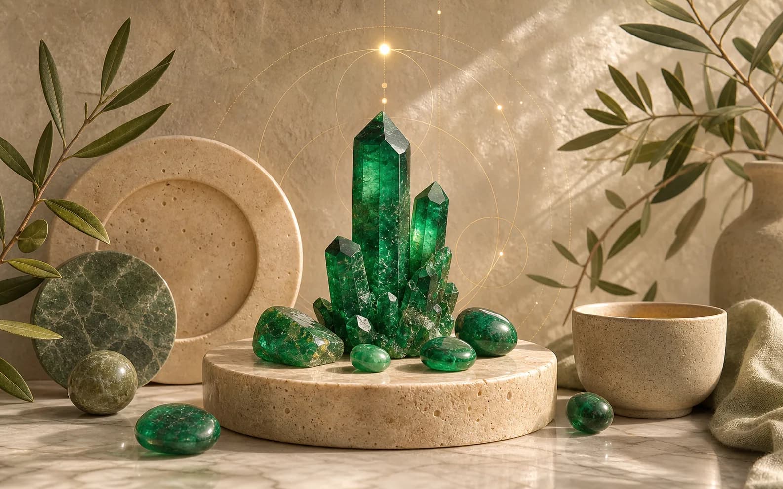 Vivid green emerald crystals and polished stones on a travertine pedestal with olive branches and golden linework.