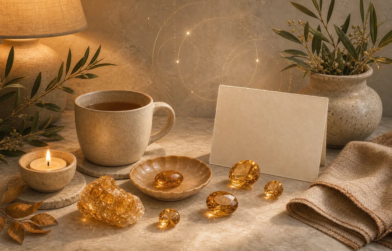 A November topaz comfort gift scene with amber stones, tea, a candle, a topaz-colored dish, and a blank card.