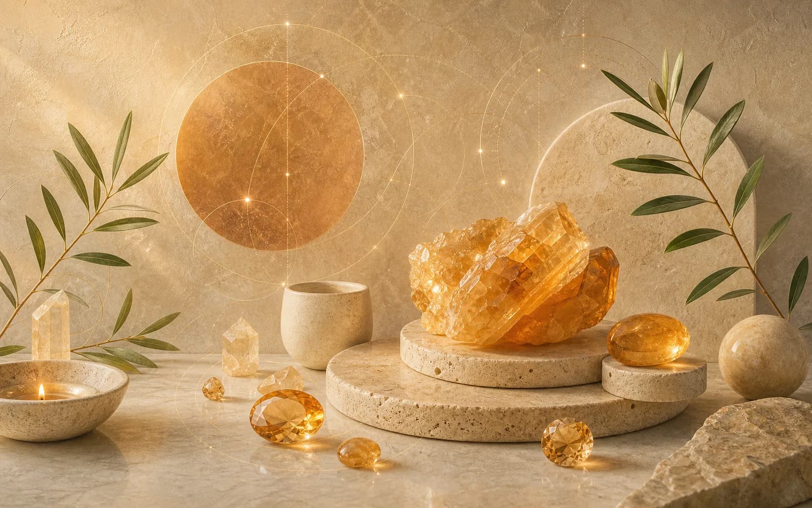 Golden topaz crystals and honey-colored stones on travertine discs with olive branches and warm autumn light.