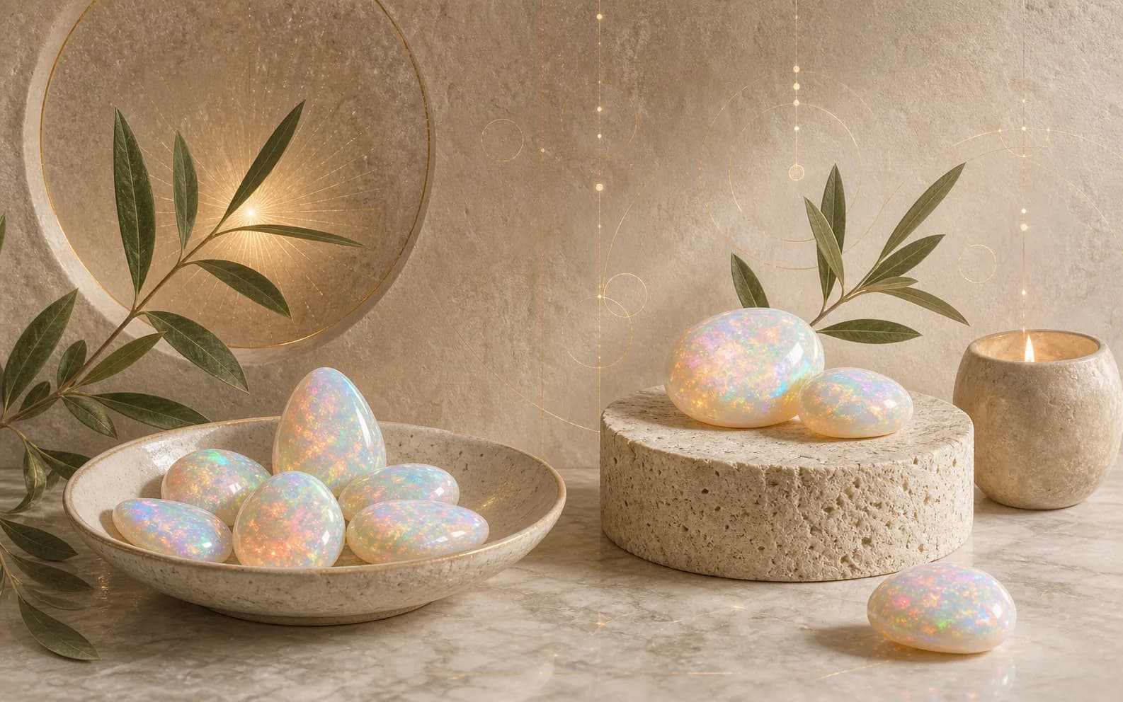 Milky opal stones with rainbow color play arranged in a ceramic bowl and on a warm travertine pedestal.