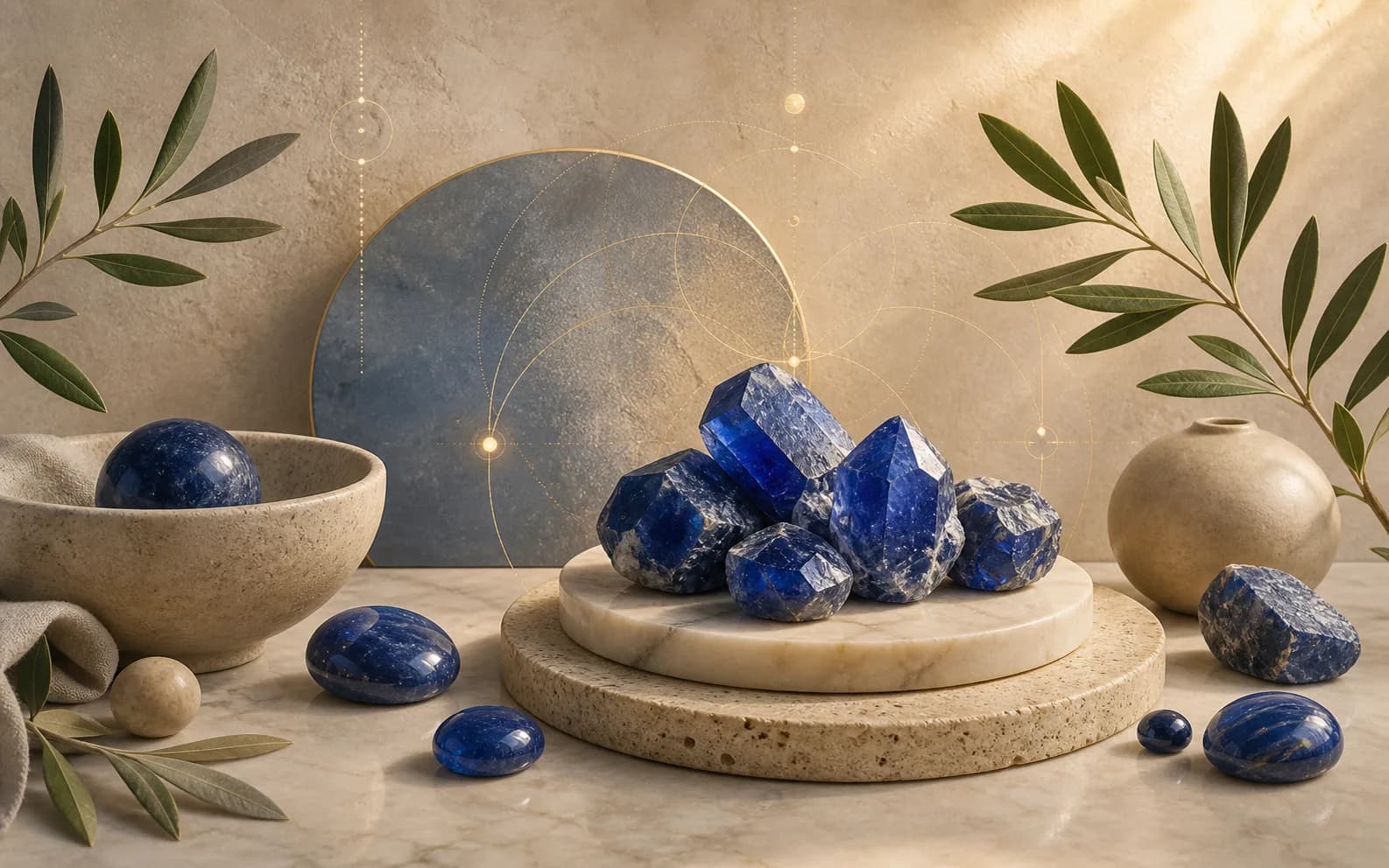 Deep blue sapphire crystals and polished stones on layered stone discs with olive branches and soft golden light.