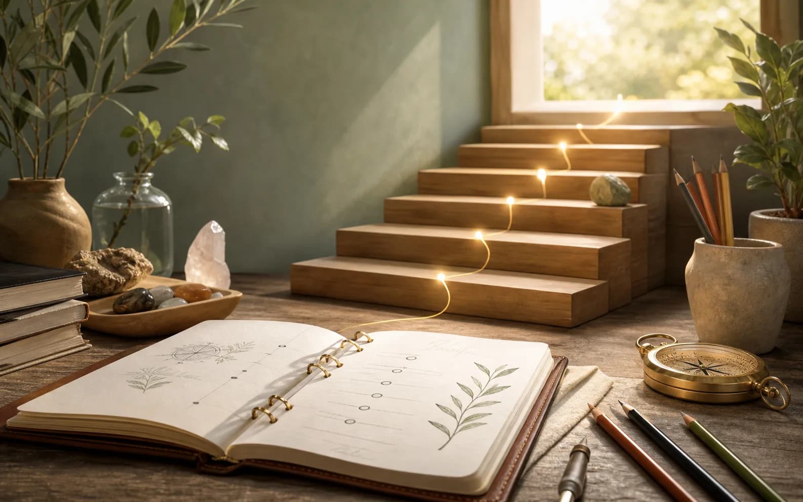 Calm workspace with wooden steps, a planner, and warm light suggesting career purpose