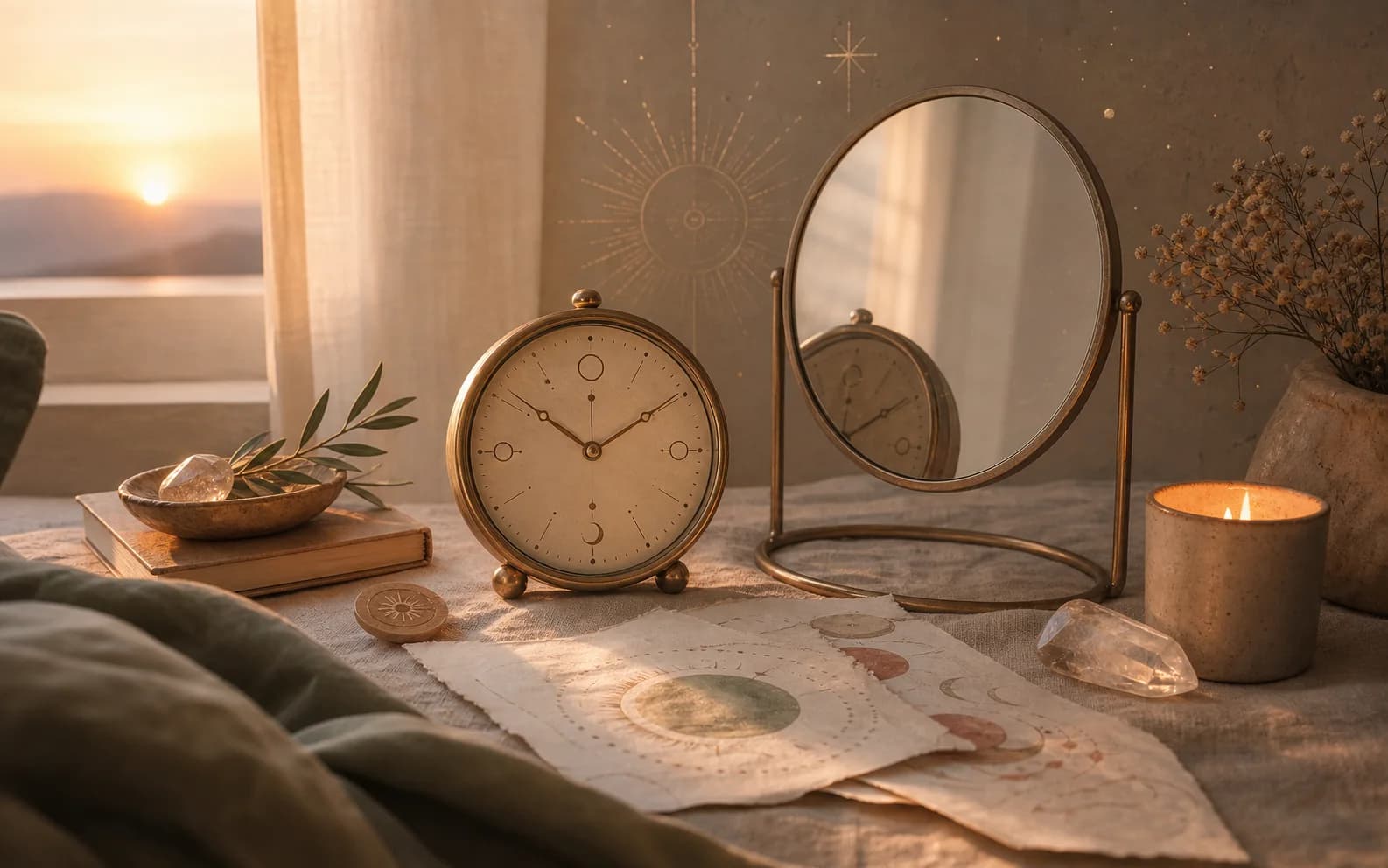 Dawn mirror-hour scene with an analog clock, mirror, candlelight, and celestial details