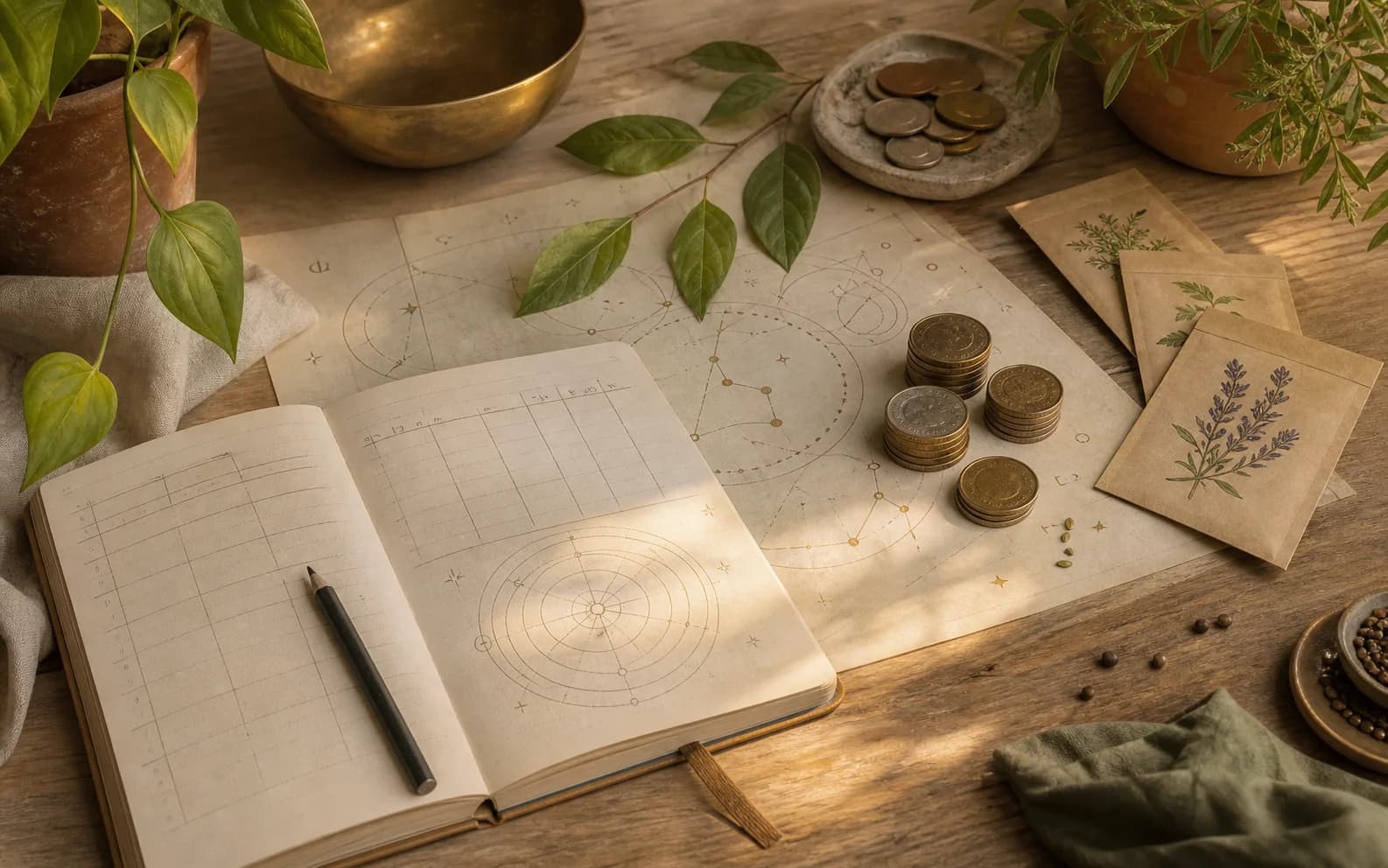 Grounded abundance still life with coins, plants, paper, and stewardship symbolism