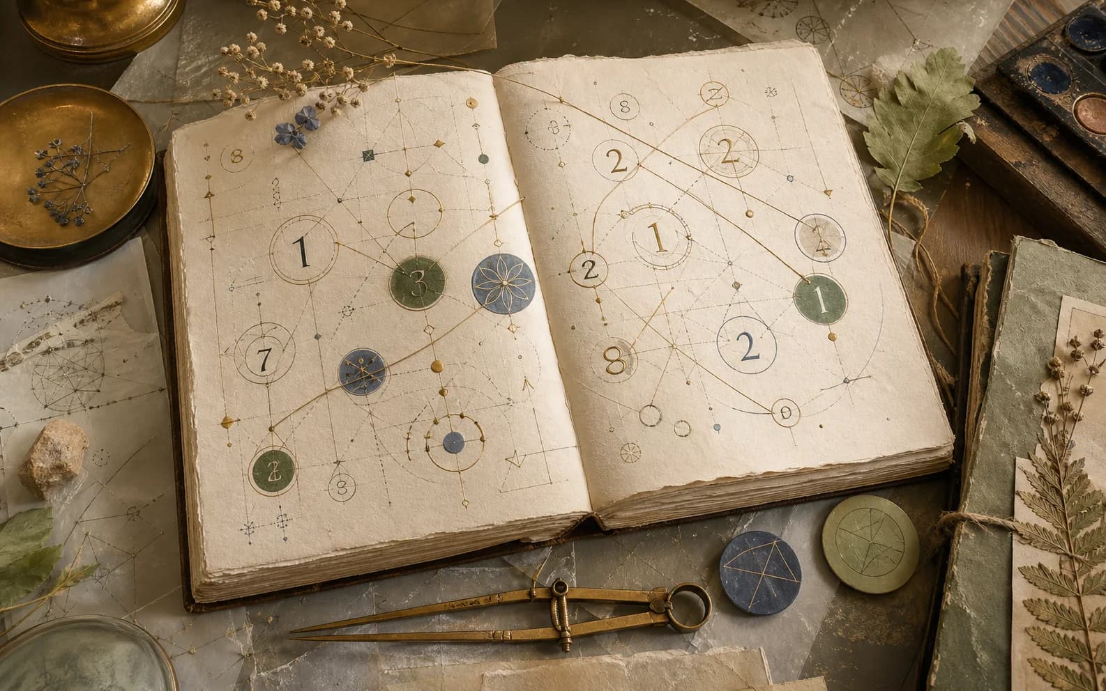 Open notebook showing an intricate spiritual map of connected number patterns
