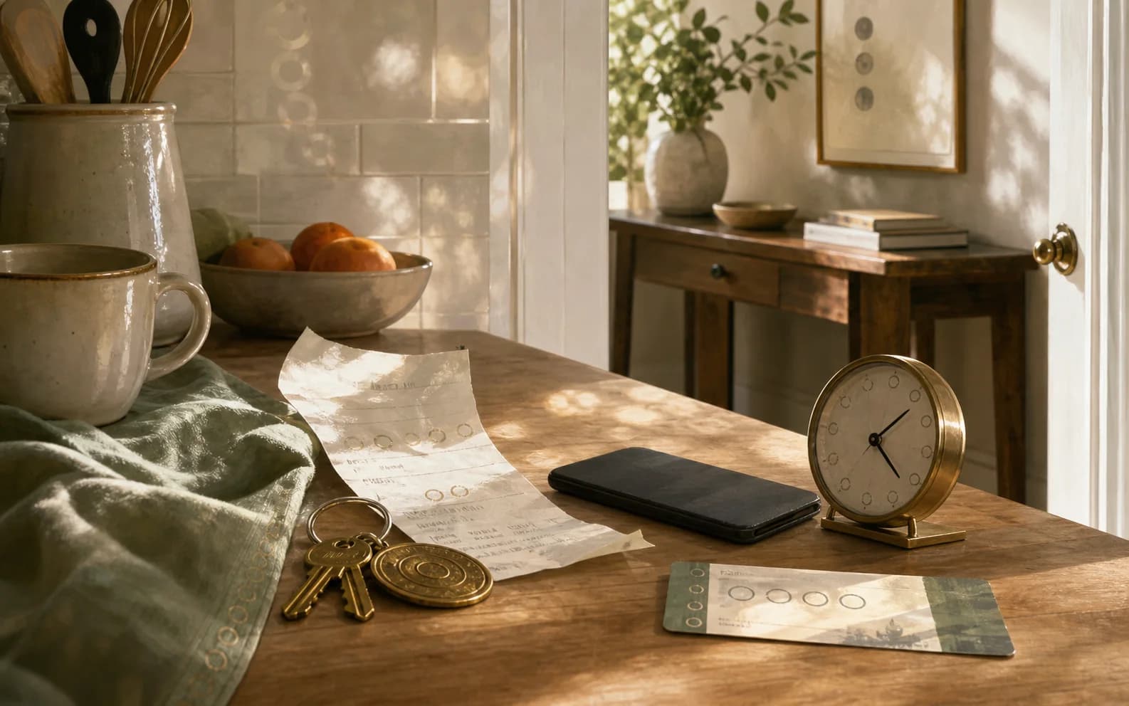 Everyday still life with a clock, receipt, keys, and soft repeating-number symbolism