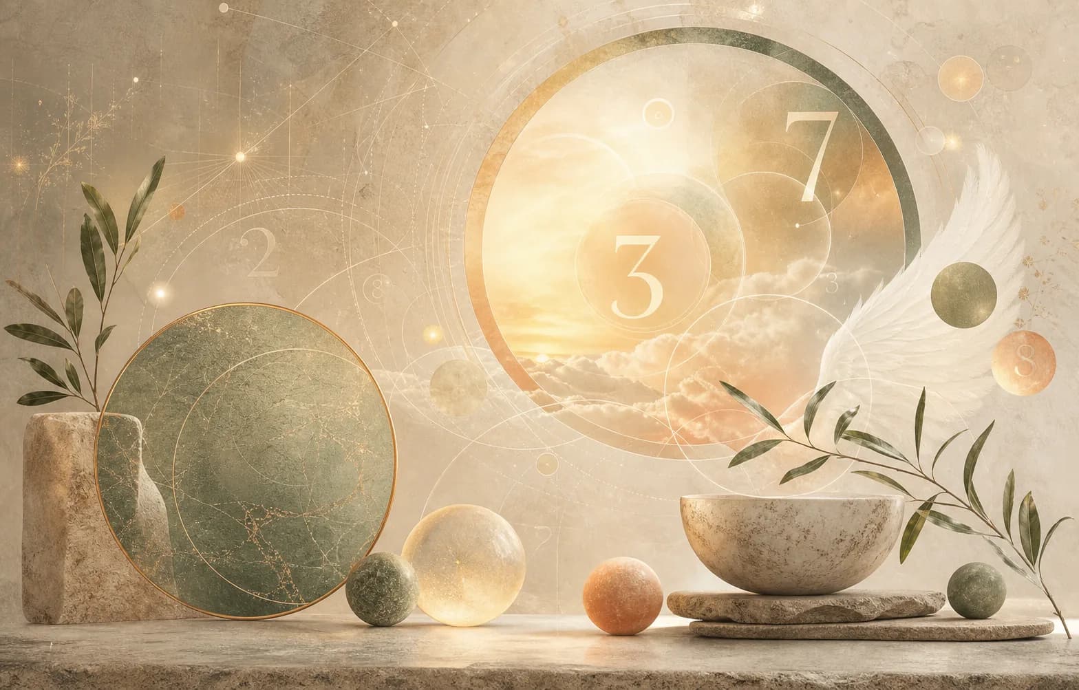 Soft celestial numerology scene with warm light, sage tones, and floating number forms