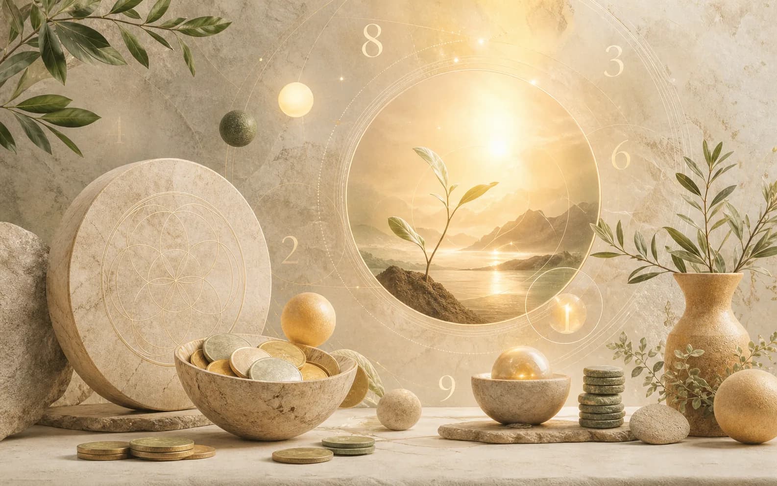 Personal growth represented by leaves, light, and subtle number forms