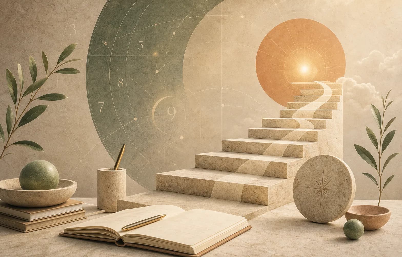 Grounded career path imagery with geometric steps and subtle numerology marks