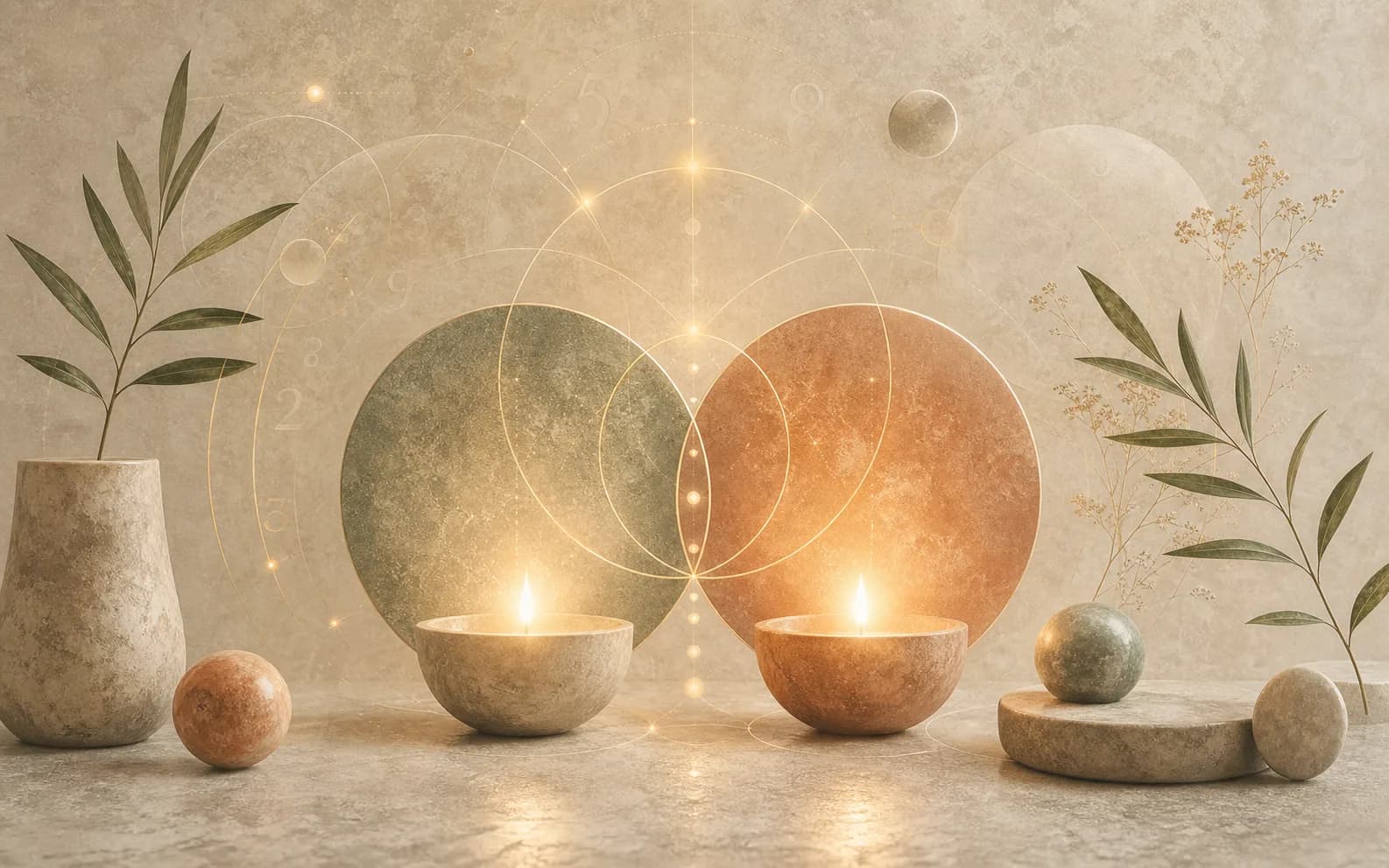 Warm spiritual love symbolism with two candle-like lights and subtle number patterns