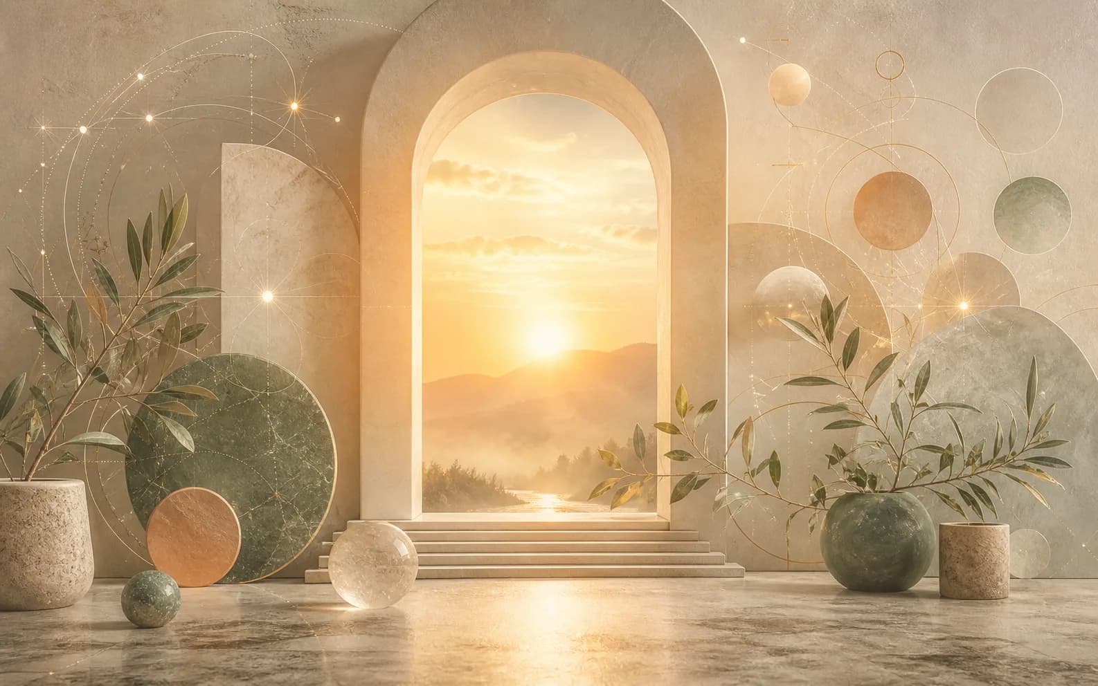 Meditative awakening scene with sunrise, circle forms, and sacred number patterns