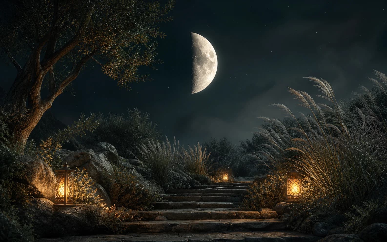 A half-lit first quarter moon above stone steps and wind-shaped grasses