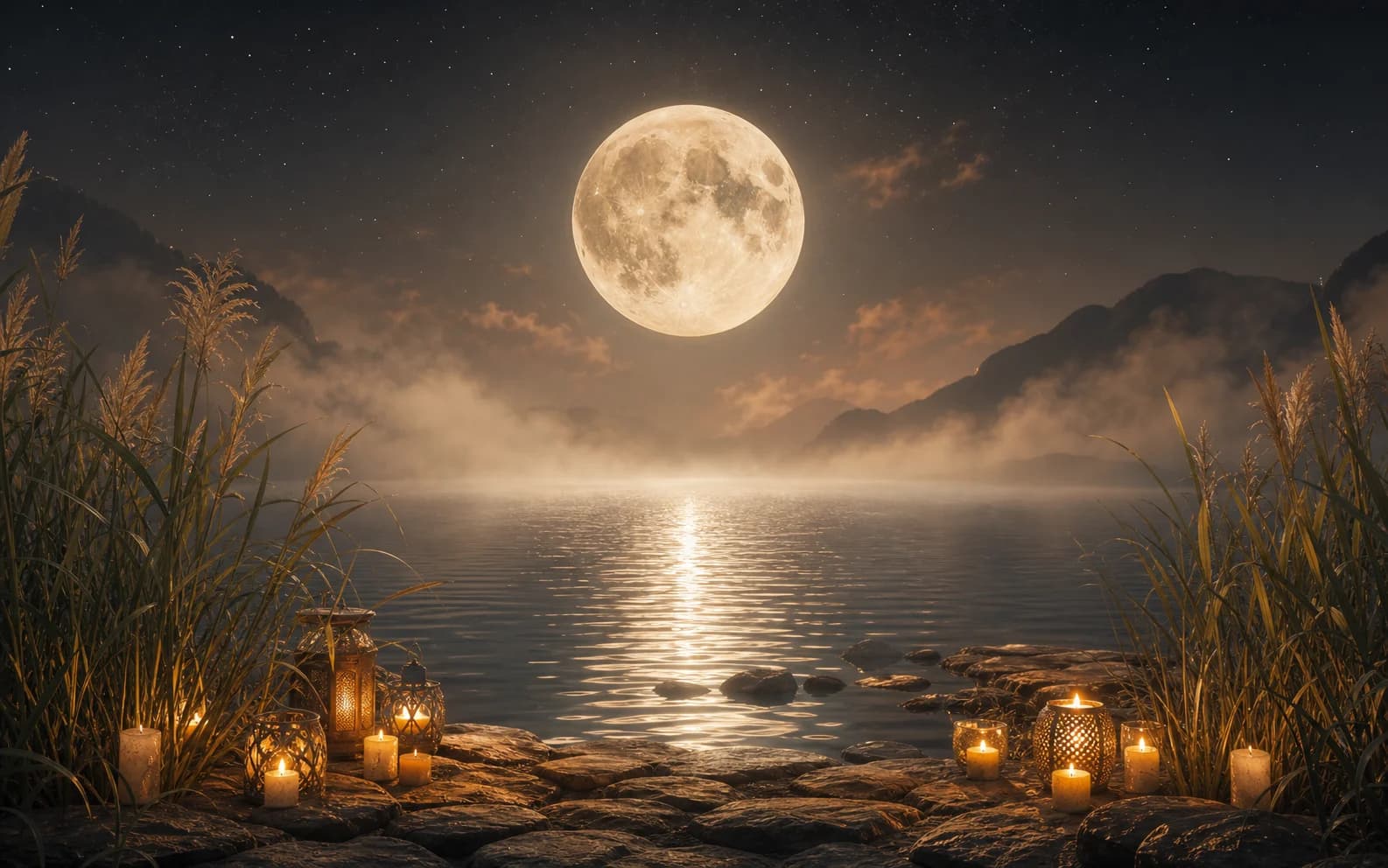 A luminous full moon over quiet water with silver light and warm candle glow