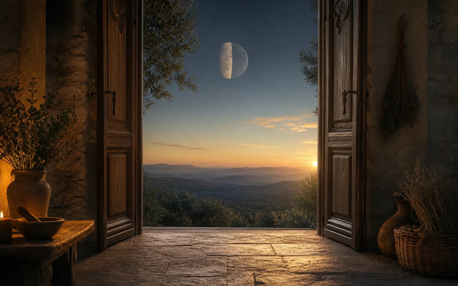 A last quarter moon above an open doorway, swept stone floor, and quiet dawn light