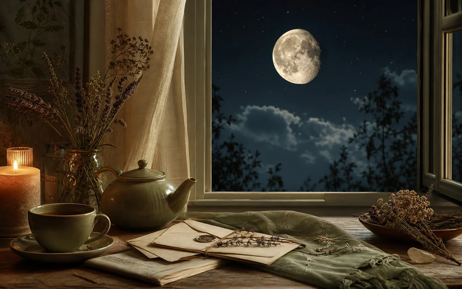 A waning gibbous moon above a table with tea, folded letters, and soft evening light