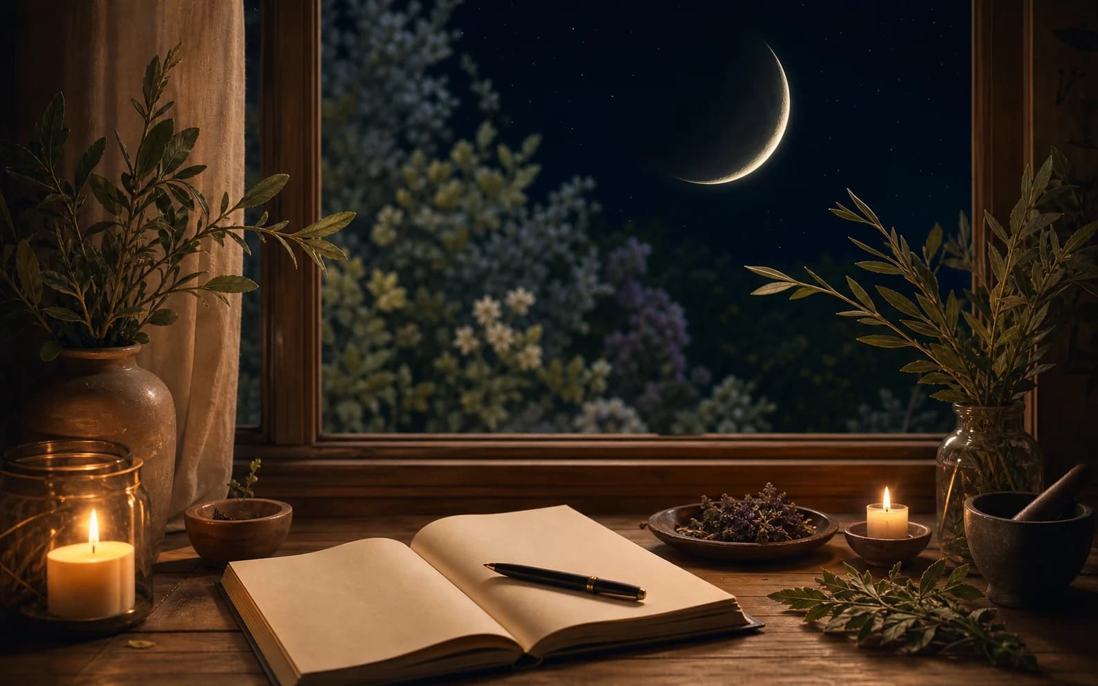 A slim waxing crescent moon over herbs, paper, and candlelight in a calm night scene