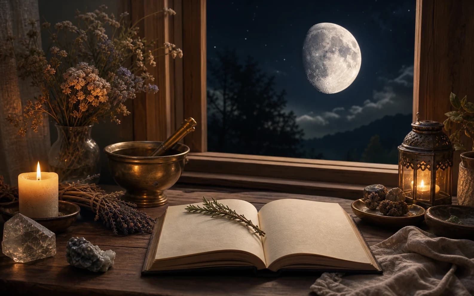 A waxing gibbous moon over an open notebook, herbs, and a warm brass bowl