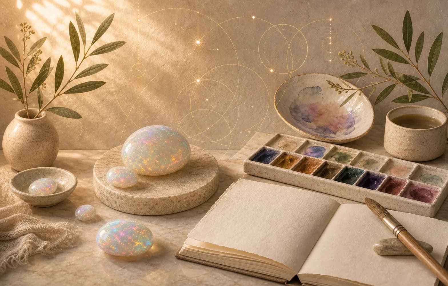 An opal creativity table with watercolor pans, milky opal stones, a ceramic tray, a brush, and a blank sketchbook.